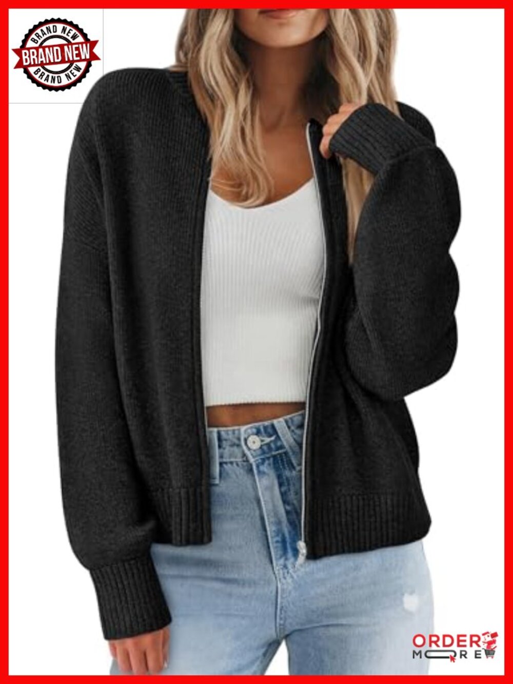 Chunky Knit Zip Up Cardigan Womens Open Front Cropped Sweater